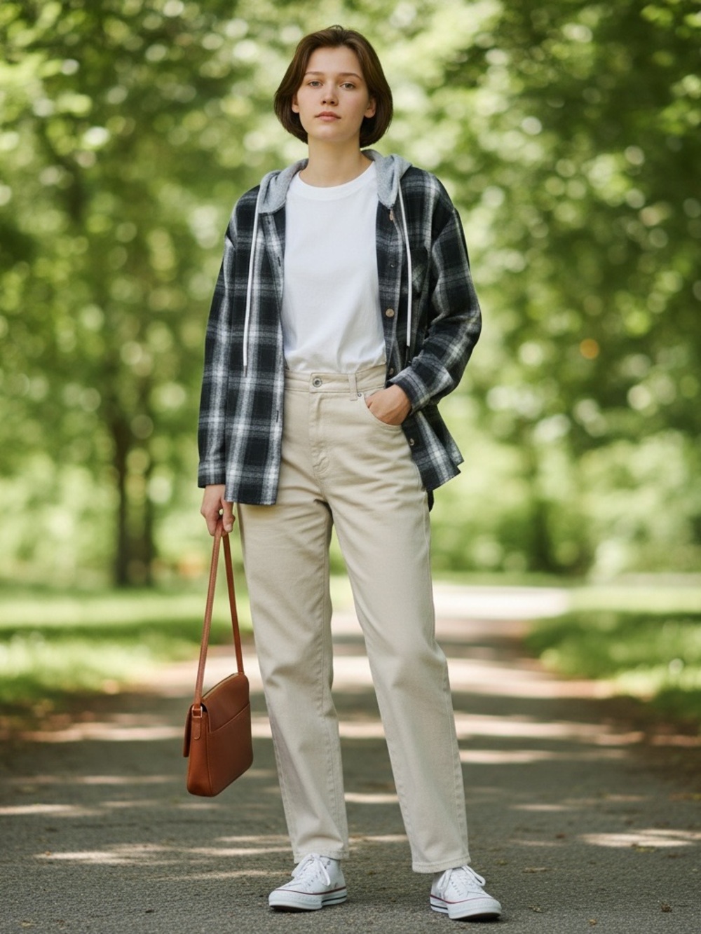 Black and Gray Plaid Button-Down Shirt with Hood